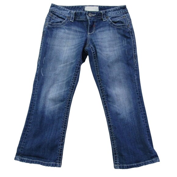 Maurices Bootcut Jeans 3/4 Low Rise Stretch Blue Denim Embroidered Pockets Y2K - Picture 1 of 11